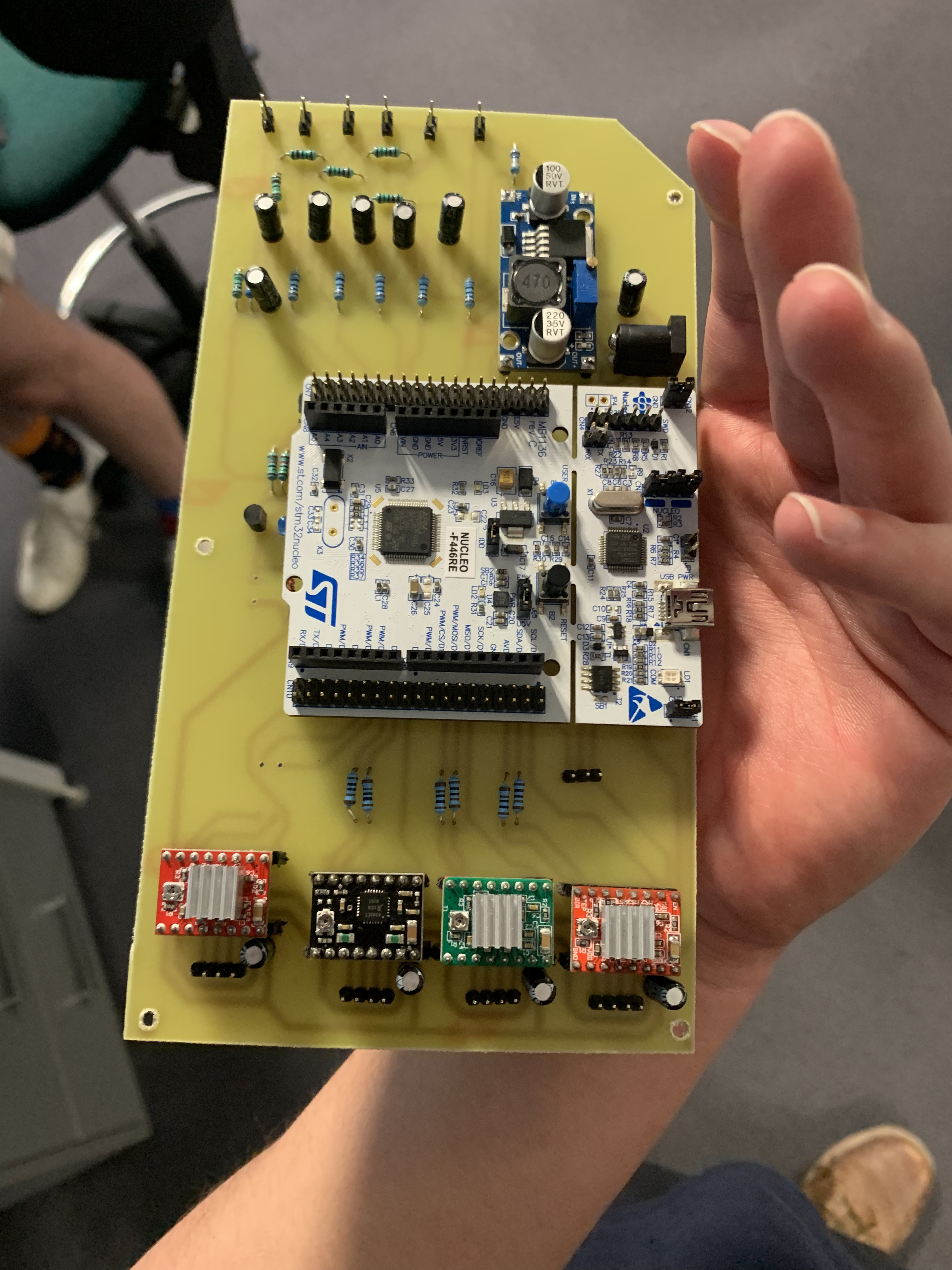 Assembled custom PCB with an STM32 Nucleo board and stepper motor drivers