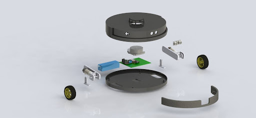 Exploded CAD view of the robot vacuum showing the chassis, wheels, PCB, and cover